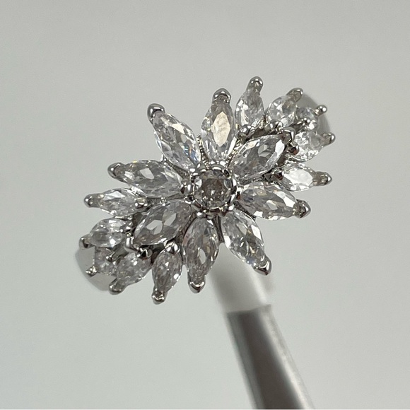 Beautiful Statement Flower Band Marquise Round Cut Diamond CZ Silver Plated Ring